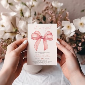 Editable Pink Bow Baby Shower Invitation Set, Baby Girl Shower, Baby ...