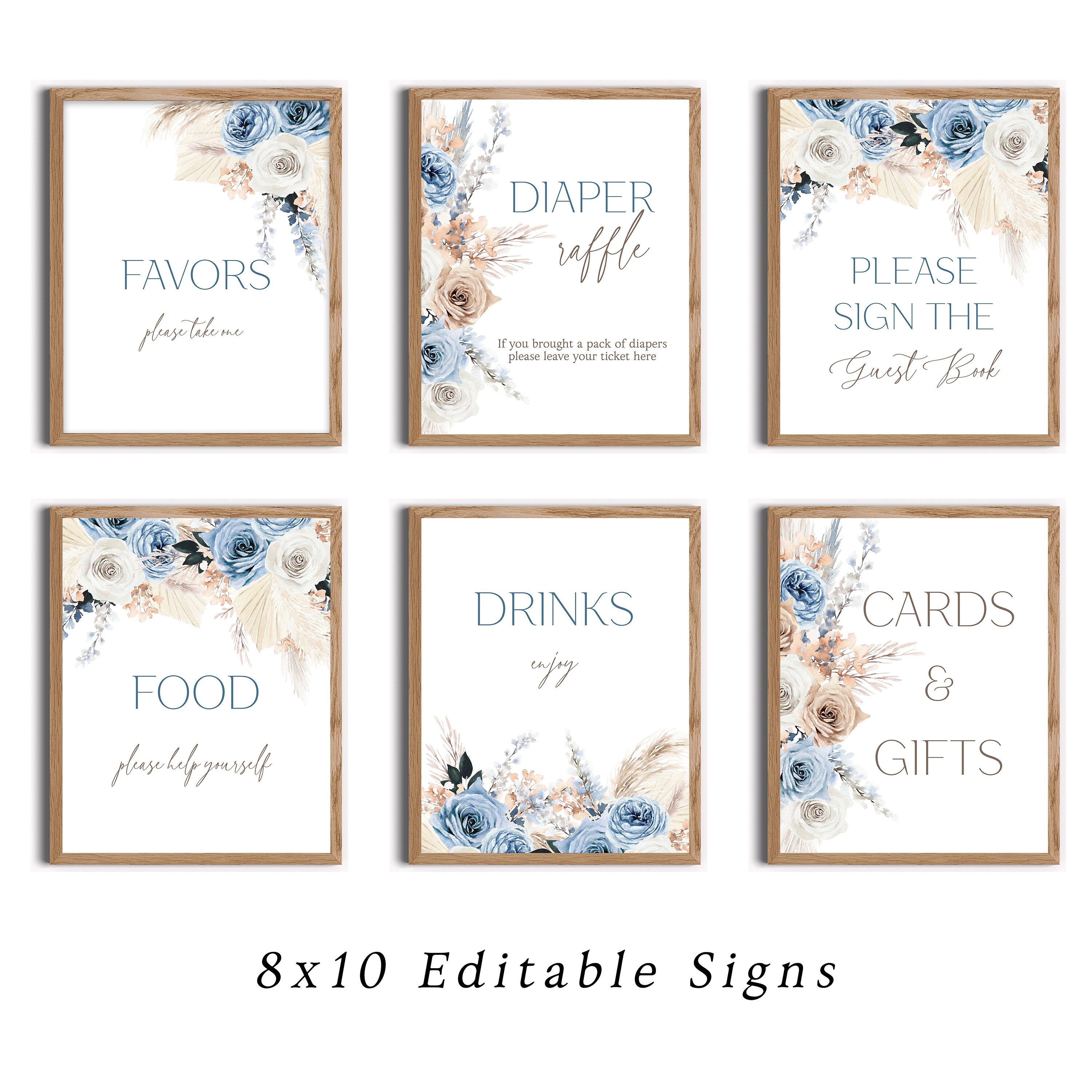 Editable Boy Blue Pampas Grass Boho Girl Baby Shower Sign Set | Boy ...