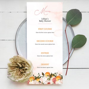 Floral Cutie Citrus Baby Shower Menu | Girl Baby Brunch Menu | Self Edit Template