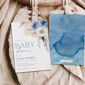 Editable Blue Pampas Grass Boy Boho Baby Shower Invitation | Boy Boho ...