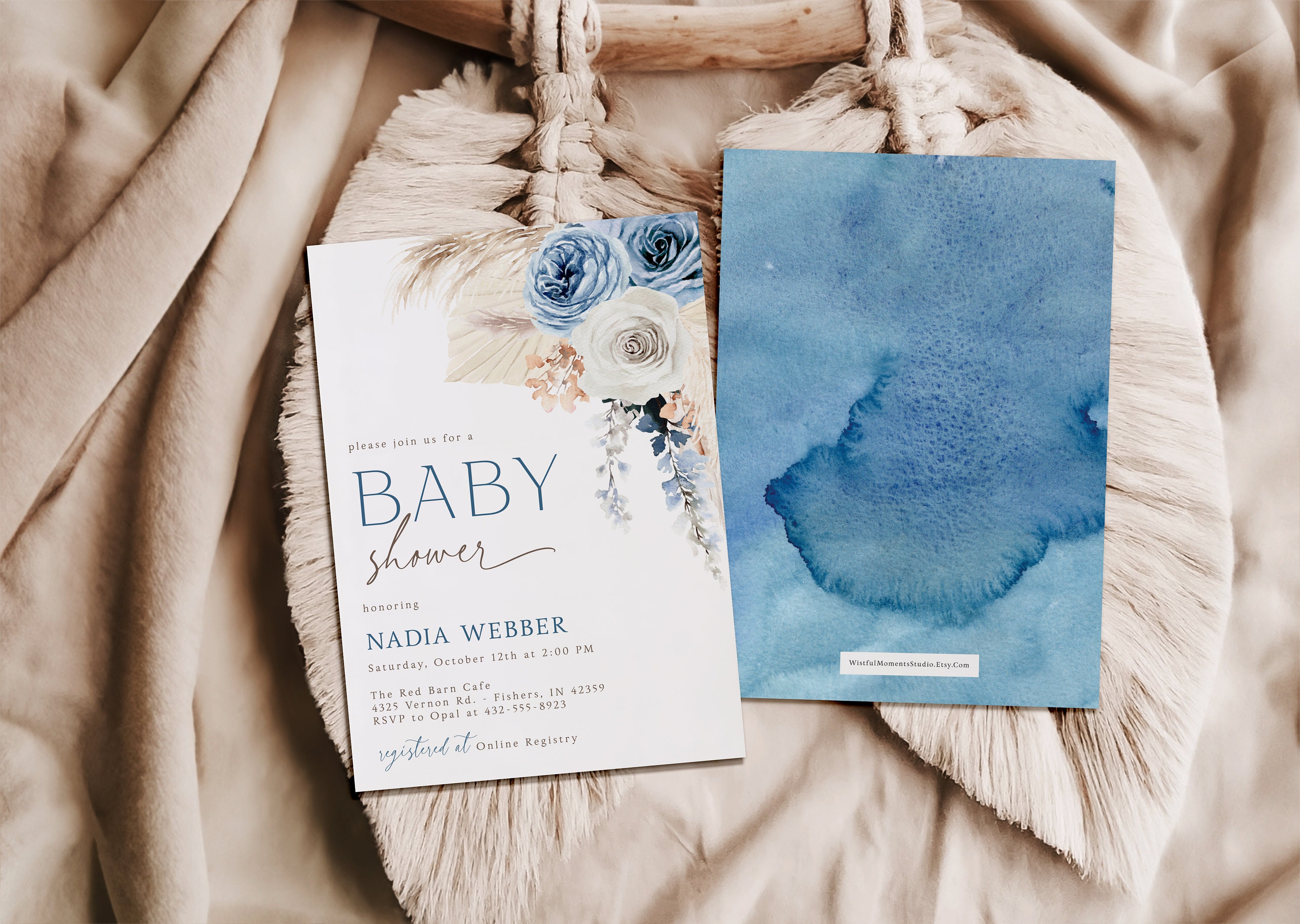 Editable Blue Pampas Grass Boy Boho Baby Shower Invitation | Boy Boho ...