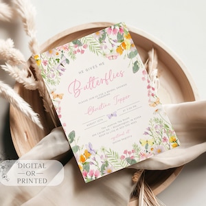 He Gives Me Butterflies Bridal Shower Invitation | Wildflower Pastel Butterfly Bridal Invite | Editable Wedding Shower Template