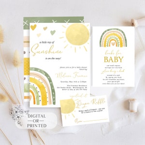 Editable Sunshine Baby Shower Invitation | Boho Sunshine Baby Shower Invite | Boho Rainbow Baby Shower Invitation Bundle | DIY Invite