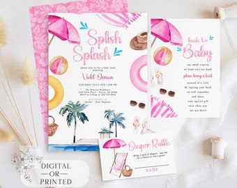 Splish Splash Baby Bash Invitation Set | Girl Summer Baby Shower Invite | Pink Pool Beach Baby Shower Invite | Digital or Printed Template