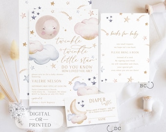 May include: Twinkle Twinkle Little Star baby shower invitation with a blue and pink watercolor moon and clouds with gold glitter accents. The invitation includes the text "Twinkle Twinkle Little Star, Do You Know How Loved You Are?" and details for the shower. The invitation also includes a "Books for Baby" card with a request to bring a book instead of a card. The invitation also includes a "Diaper Raffle" card with a moon and stars design.