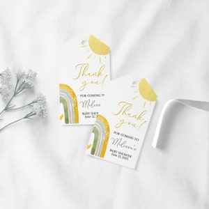 Étiquette de faveur de baby shower Little Sunshine modifiable | Étiquette cadeau Boho Rainbow Baby Shower | Étiquette de décor de fête | Étiquette de faveur imprimable