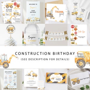 Ensemble d'anniversaire pour enfants de construction modifiable | Lot de fête de camion à benne basculante | Modèle de téléchargement instantané, inviter, carte de remerciement, panneau de bienvenue