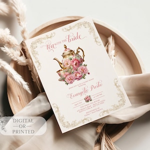 English Tea Party Bridal Shower Invitation | Victorian Pink and gold Tea Bridal Invite | Regency Shower Invite | Editable Wedding Template