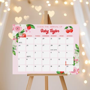 May include: A pink baby shower calendar with the text "Guess the Arrival of Baby Taylor." The calendar features a grid for tracking dates, with floral and cherry accents. It is displayed on a wooden easel.