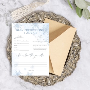 Winter blauwe sneeuwvlok baby shower voorspellingskaart | Advieskaart voor babyshower | Sjabloon voor zelfbewerking