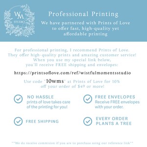 May include: A light blue graphic promoting professional printing services. The text includes a website address, a discount code, and mentions free shipping and envelopes. The image also features a floral logo.