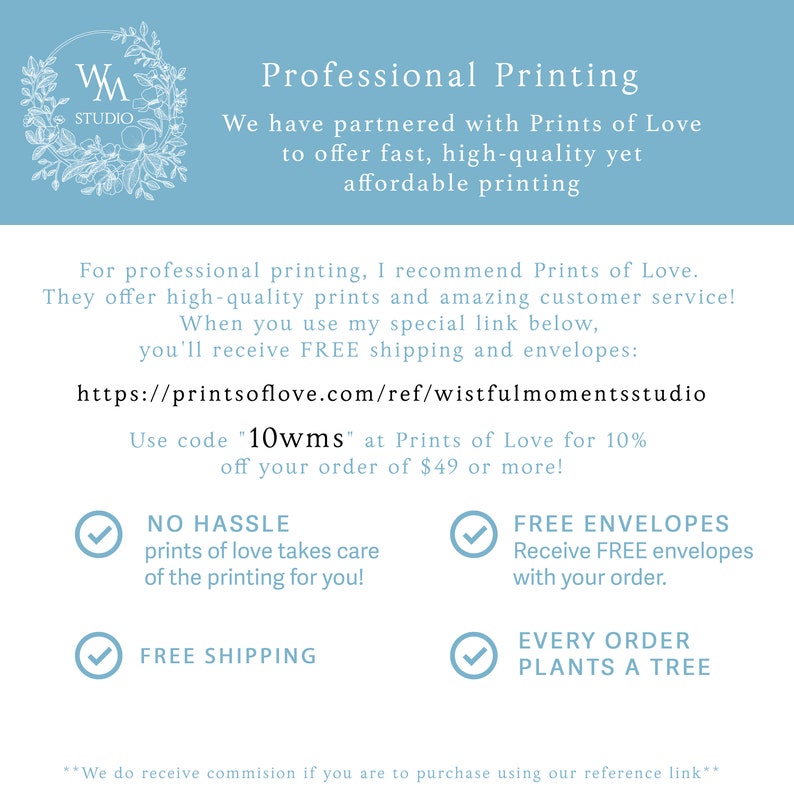 May include: A light blue graphic promoting professional printing services. The text includes a website address, a discount code, and mentions free shipping and envelopes. The image also features a floral logo.