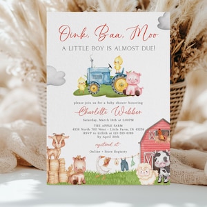 May include: A baby shower invitation with a farm theme. The invitation features a blue tractor, farm animals, and the text "Oink, Baa, Moo, A Little Boy Is Almost Due!" The invitation includes the name "Charlotte Webber" and event details.
