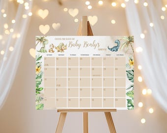 Oh Boy Dinosaur Baby Shower Due Date Calendar, Boho Dino Guess Baby's Arrival Shower Game, Editable Guess Baby's Birthday Calendar Sign
