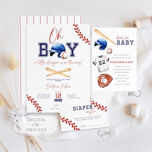 May include: A baseball-themed baby shower invitation with red and blue accents. The invitation features a baseball glove, a baseball bat, and a baseball cap. The text on the invitation reads "Oh Boy! A little slugger is on the way!" and includes the date, time, and location of the shower. There is also a diaper raffle card with the text "Diaper Raffle" and instructions for participating.