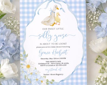 May include: Baby shower invitation with a blue gingham background and floral accents. The invitation features a watercolor illustration of a mother goose and gosling, with the text "Our Sweet Little Silly Goose".