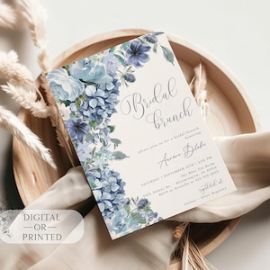 Blue Hydrangea Bridal Brunch Invitation | Classic Floral Bridal Invite | Editable Dusty Blue Flowers Bridal Template | Printed or Digital