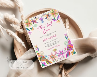 May include: A colorful bridal shower invitation with a floral design and the text "Taco Bout Love". The invitation includes details for a bridal shower honoring Melanie Nichols.