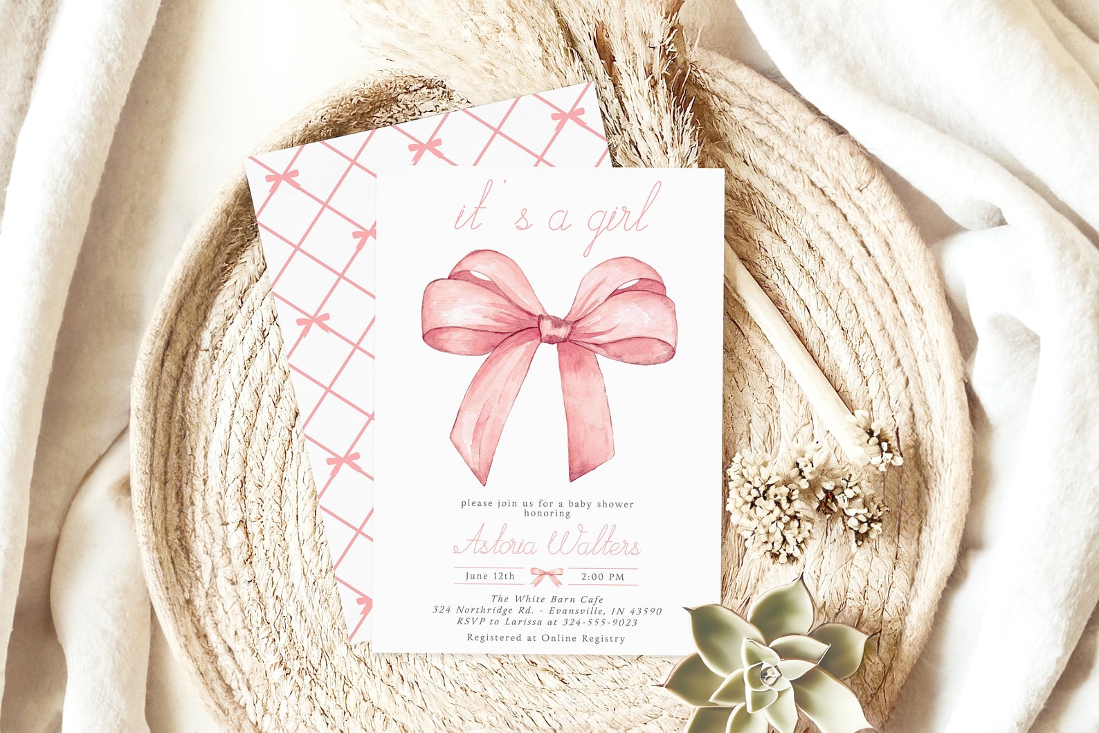 Editable Pink Bow Baby Shower Invitation Set, Baby Girl Shower, Baby ...