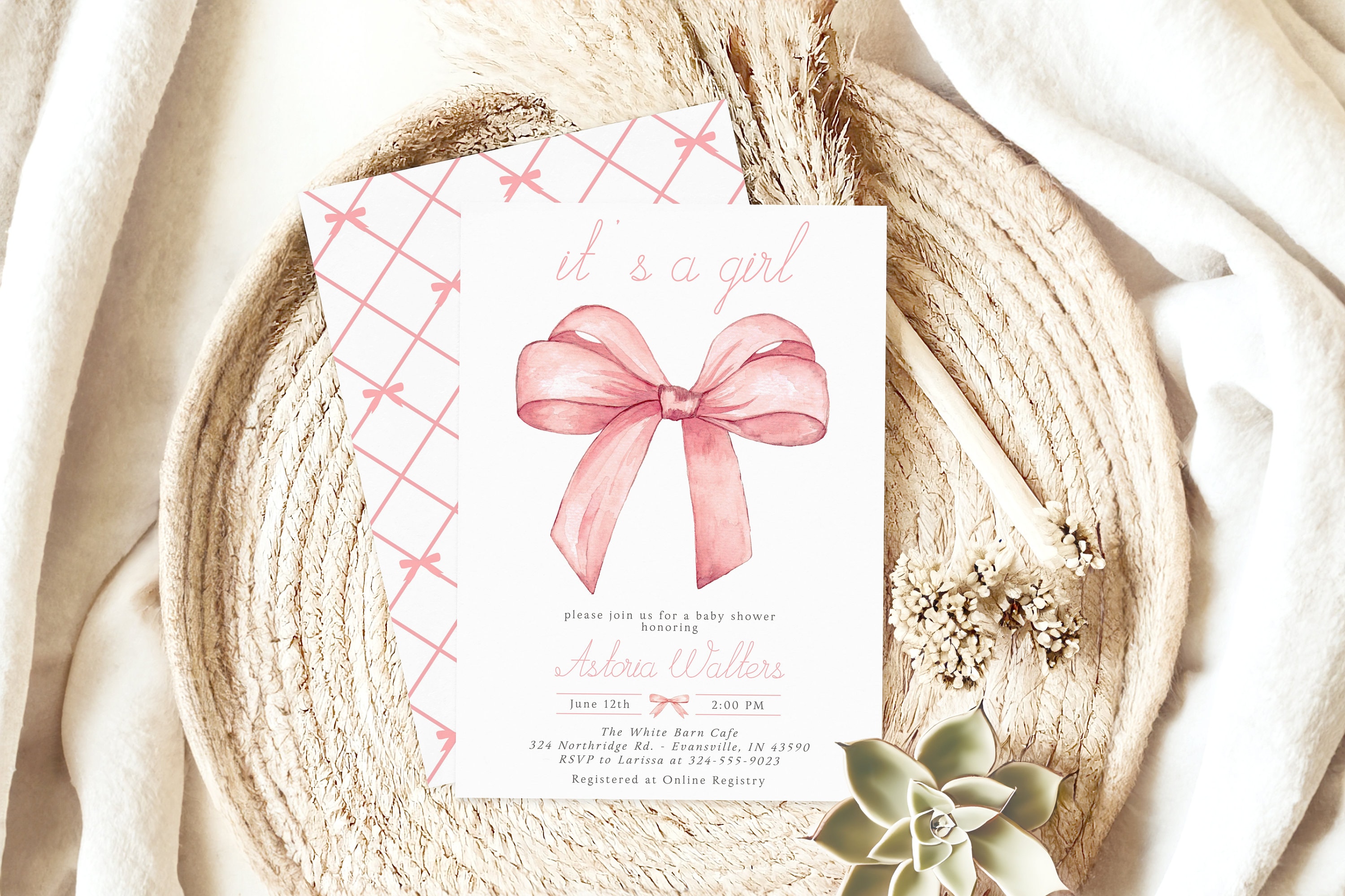 Editable Pink Bow Baby Shower Invitation Set, Baby Girl Shower, Baby ...