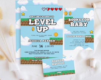 Video Game Boy Baby Shower Invite | Family Level Up Baby Shower Invitation Bundle | Retro Arcade Boy Baby Shower | Instant Editable Download