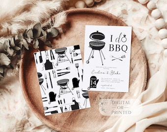 May include: Black and white printable bridal shower invitation with the text "I do BBQ" and a grill with a ring on top. The invitation also includes the date "July 14th" and the names "Evelina & Blake".
