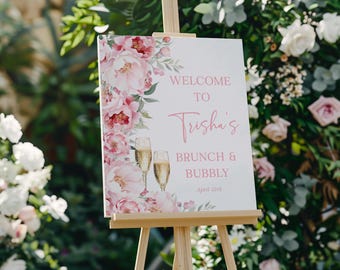 Pink Floral Brunch and Bubbly Bridal Shower Welcome Sign Digital Template, Editable Garden Theme Decor