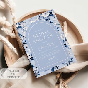 Editable Blue Chinoiserie Bridal Shower Invitation | Something Blue Floral Bridal Shower Invite | Brunch and Bubbly Wedding Shower Template