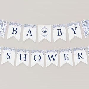 Editable Indigo Chinoiserie Baby Shower Banner | Blue Floral Monogram Baby Shower Bunting Banner | Self Edit Template