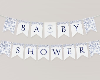 Editable Indigo Chinoiserie Baby Shower Banner | Blue Floral Monogram Baby Shower Bunting Banner | Self Edit Template