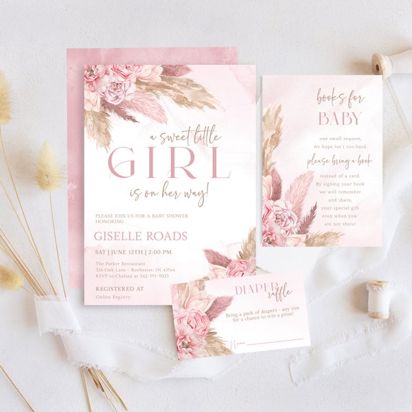 Editable Girl Pink Pampas Grass Boho Girl Baby Shower Invitation | Girl Boho Shower Invite Printable Template Instant Download