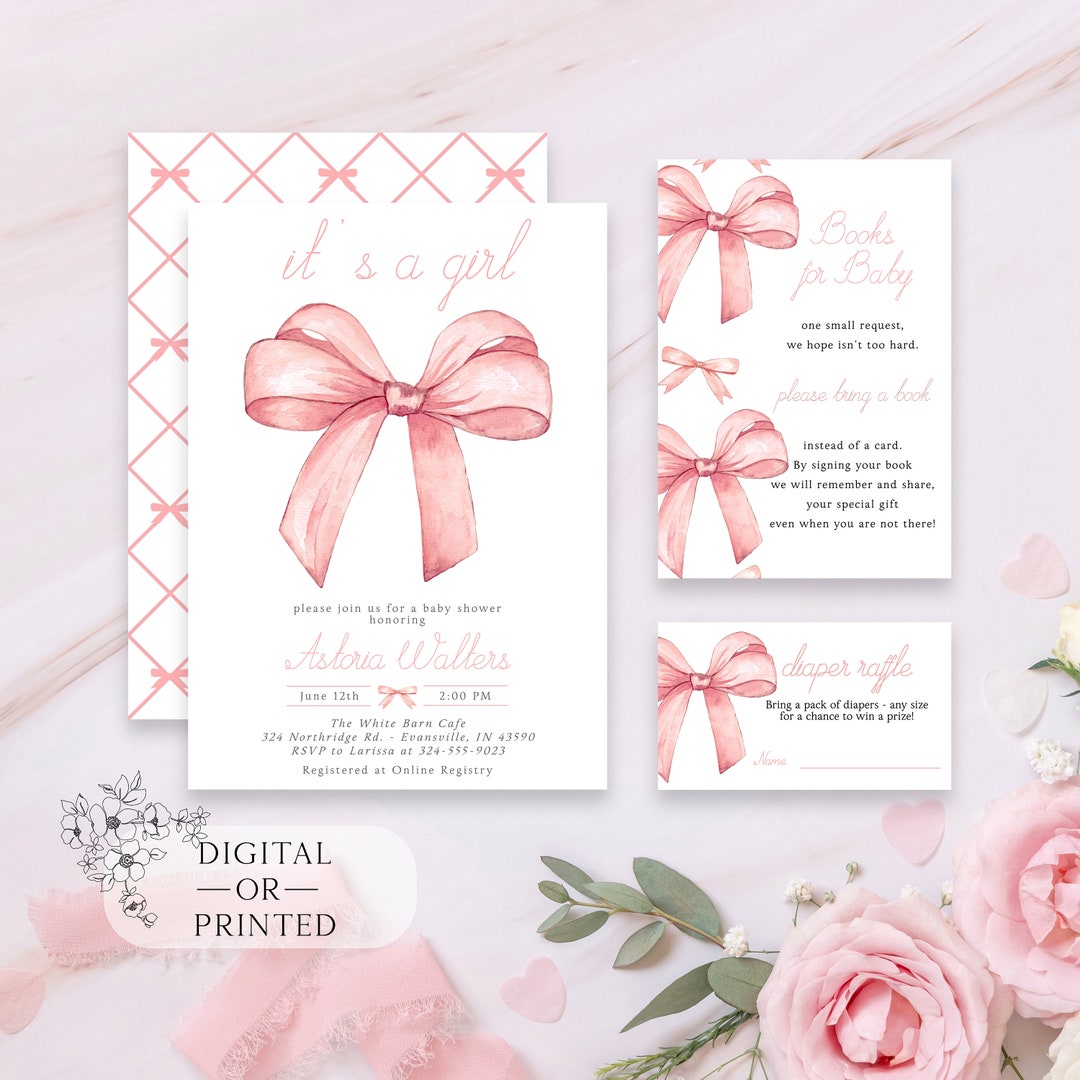 Editable Pink Bow Baby Shower Invitation Set, Baby Girl Shower, Baby ...