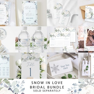 May include: A selection of bridal shower stationery with a winter theme. Includes invitations, thank you cards, table numbers, place cards, and water bottle labels. The designs feature watercolour floral accents and the text "Snow in Love".