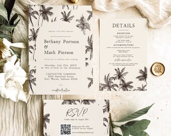 Destination Wedding Invitation | Tropical Wedding Invitation Template | Palm Tree Wedding Invitation Suite Template | Template Download