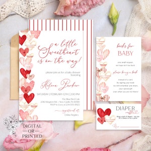 Editable Valentine Baby Shower Invitation Bundle, Little Sweetheart Girl Baby Shower Invite, Pink and Red Hearts, Instant Download