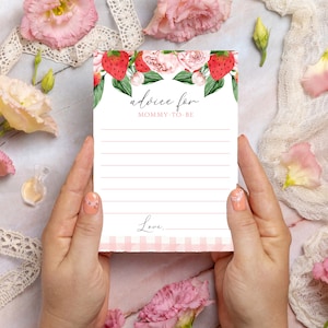 Carte de conseils pour le baby shower floral rose fraise | Carte de conseils sur la baby shower | Modèle d'auto-édition