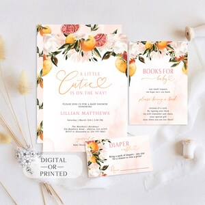 Floral Little Cutie Baby Shower Invitation | Orange Citrus Baby Shower Invite | Girl Floral Invite | Digital Self Edit Invite Template