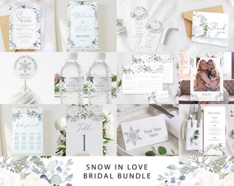 Snow in Love Bridal Shower Bundle | Winter Blue Floral Bridal Invitation Set | Snowflake Wedding Shower Bundle | January Bridal Shower