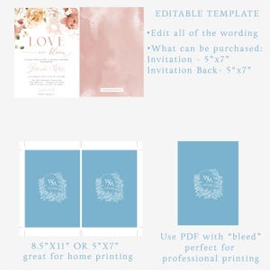 May include: A bridal shower invitation template with floral accents and the text "Love in Bloom." The design includes a pink watercolor background and details for the event. The template is available in 5"x7" and 8.5"x11" sizes.