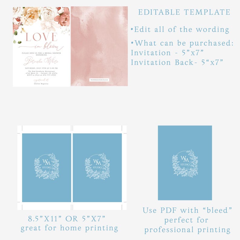 May include: A bridal shower invitation template with floral accents and the text "Love in Bloom." The design includes a pink watercolor background and details for the event. The template is available in 5"x7" and 8.5"x11" sizes.