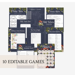 Paquete editable de juegos de baby shower del bosque encantado / Conjunto de juegos de hongos rojos / Bingo, El precio es correcto, Quién conoce mejor a mamá, Rima infantil