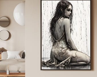 May include: A black and white illustration of a person in a dress sitting in the rain. The person is looking down and their hair is long and flowing. The background is a white wall with raindrops falling.