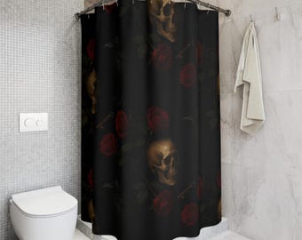 Cortina de ducha con calavera gótica y rosa / Decoración de baño victoriana oscura