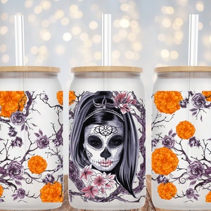 Día de los Muertos, Hermoso, Día de los Muertos Envoltura de vidrio libbey de 16 oz. Descarga digital