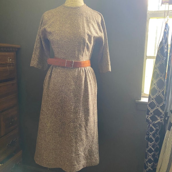 Vintage 1960s R & K Original brown multicolor speckled wool tweed belted daydress
