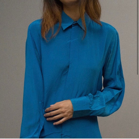 Blue silk long sleeve blouse - image 1