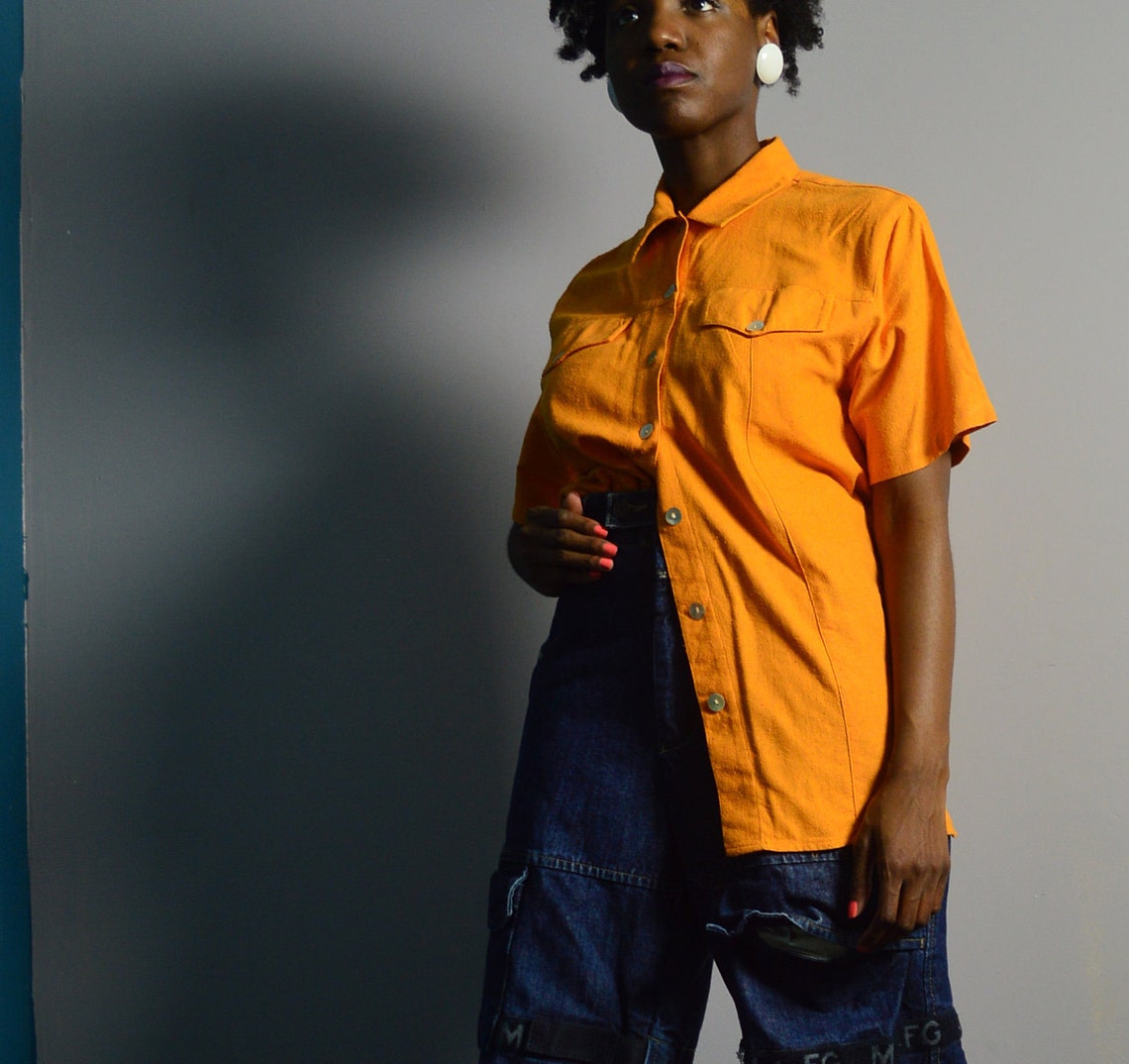 Mustard yellow vintage button down shirt with flat pearlized Etsy