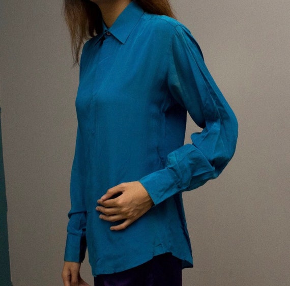 Blue silk long sleeve blouse - image 3