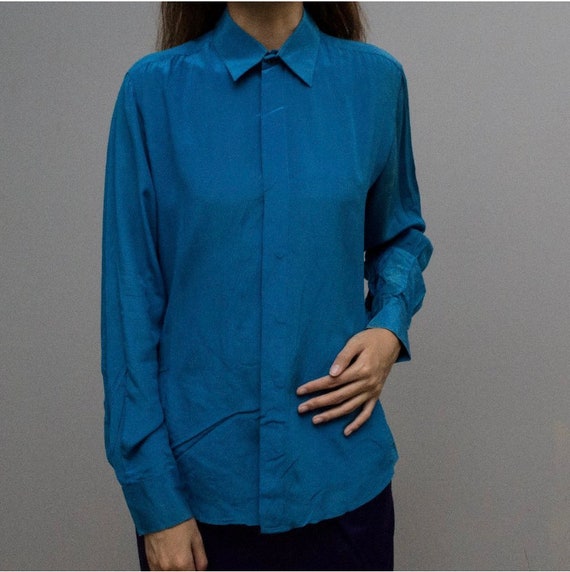 Blue silk long sleeve blouse - image 2