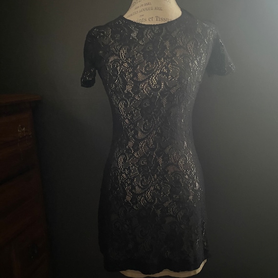 Vintage 60s black lace fully lined high crew neck… - image 1